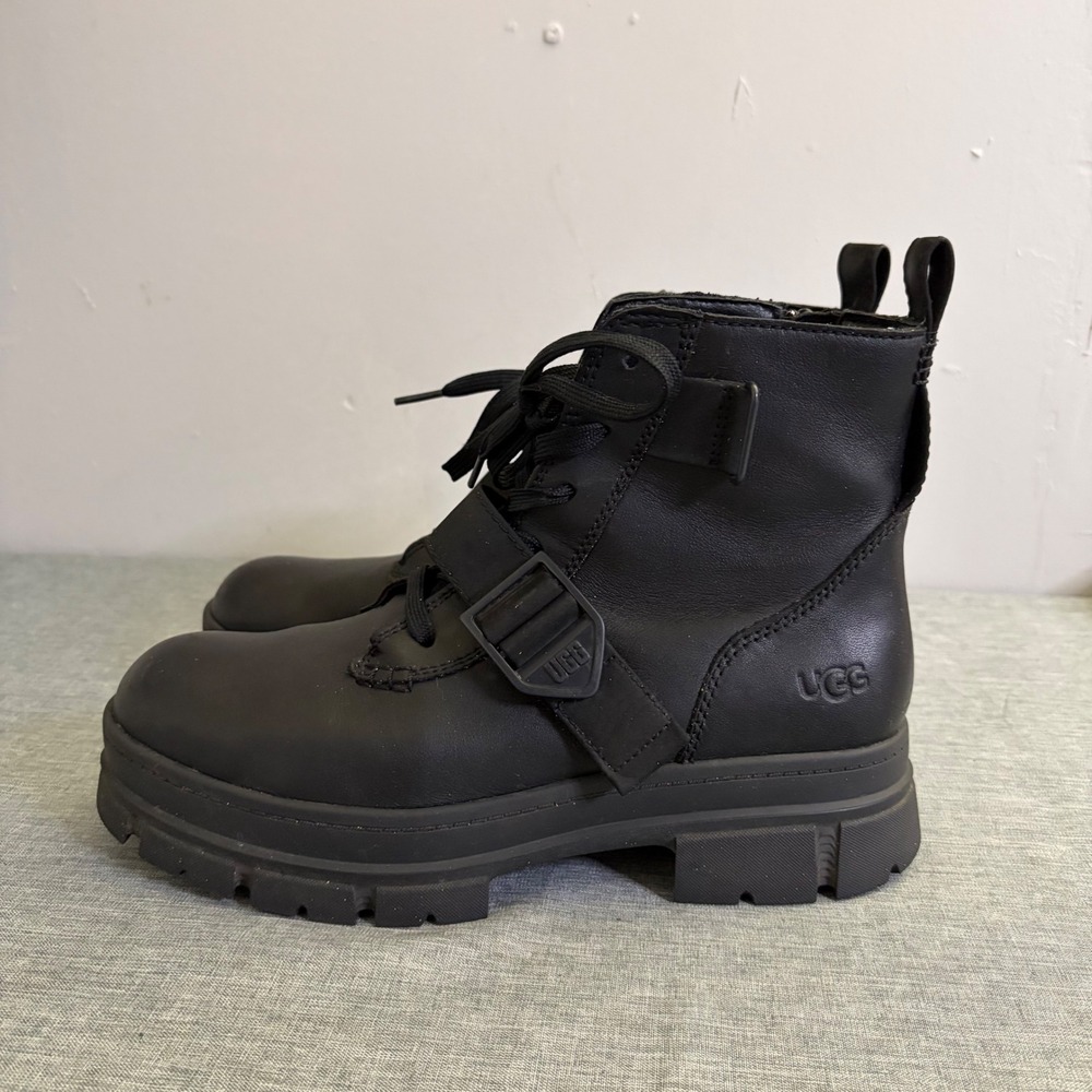 UGG Ashton Strap Combat Boots Women 9.5 Black Leather Lug Sole 1130518